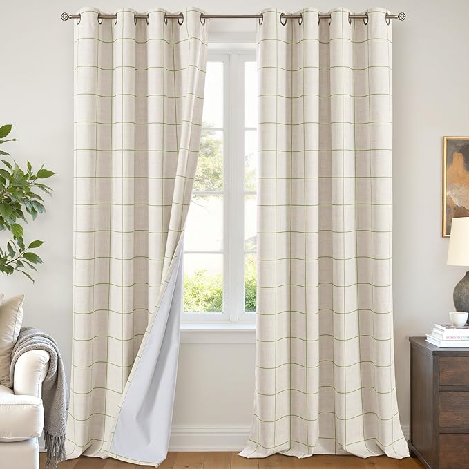Sage Green Plaid Patterned Curtains Thermal Insulated - 96 Inches Extra Long Total Linen Blackout Curtains for Living Room, Boho Drapery for Farmhouse Bedroom 52x96 Inch 2 Panels