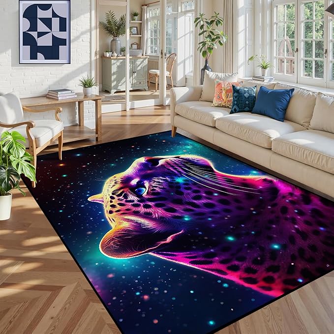 6' x 9' Galaxy Leopard Rug Fierce Panther Area Rugs for Boys Kids Bedroom Living Room Gameroom Girls Space Glitter Carpet Floor Mat Throw Rugs,180 X 275cm