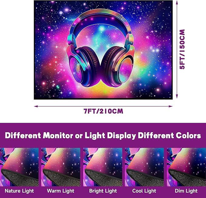 5' X 7' Galaxy Game Area Rug Music Headphone Rugs Colorful Throw Rug Non-Slip Carpet Doormats for Living Room Bedroom Apartment Dorm Floor Mat