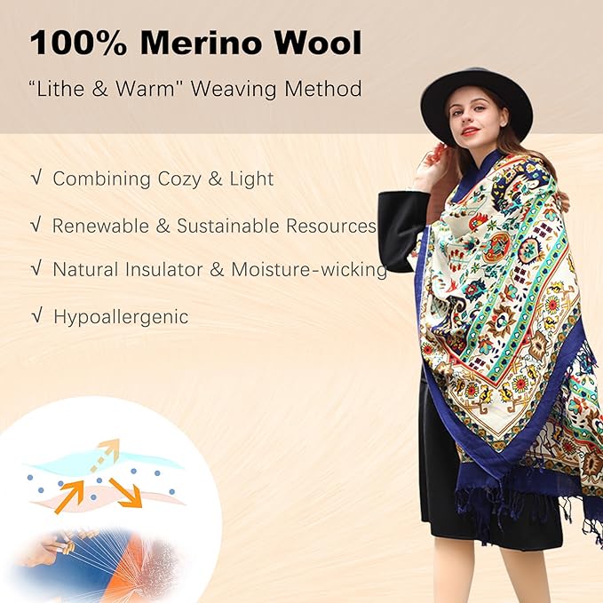 DANA XU 100% Merino Wool Pashmina Shawl for Women 96"x43", Oversized Cashmere Wrap with Tassels, Floral Travel Blanket Cape