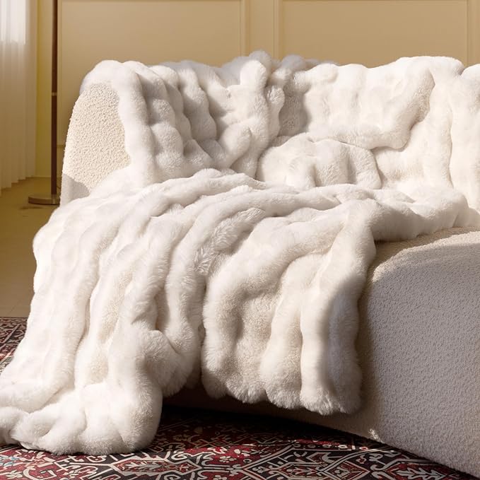 Ultra Soft Cozy Faux Fur Throw Blanket, Fuzzy Plush Thick Bubble Blanket, Luxury Fluffy Blanket for Couch, Sofa, Bedroom, and Living Room, 50x60 Inches, Off White