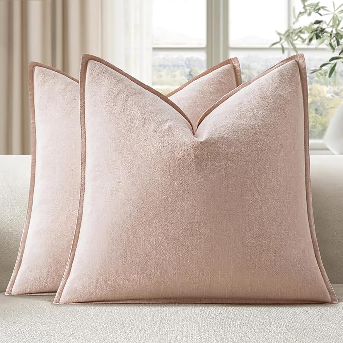 EMEMA Throw Pillow Covers Decorative Linen Pillow Covers 18x18 Inch Pink Boho Farmhouse Neutral Couch Throw Pillows for Bed Pack of 2 Accent Pillowcase Modern Sofa Cushion Livingroom Home