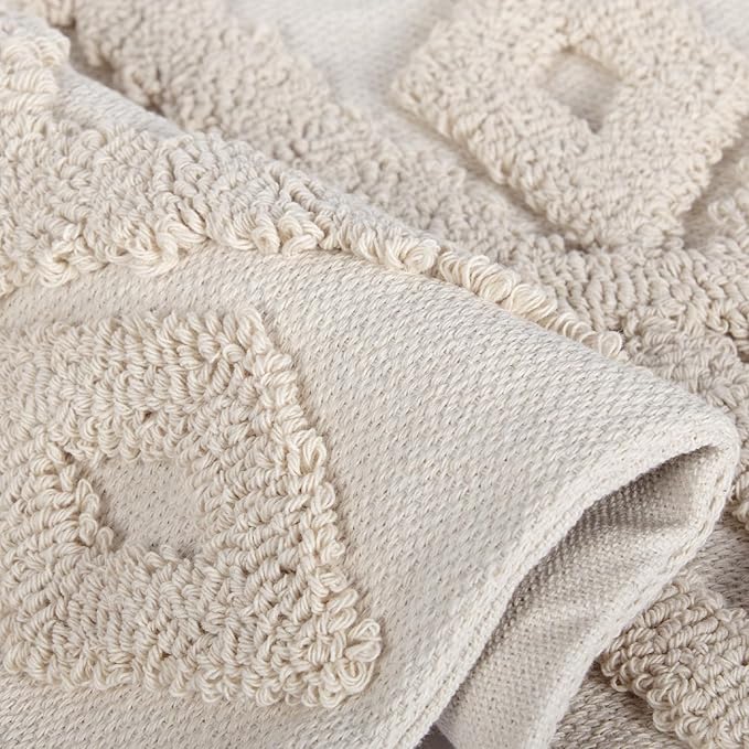 Boho Tufted Lumbar Throw Pillow Cover 12x 20, Modern Simple Diamond Farmhouse Neutral Linen Pillow Cushion Cases with Tassels, Cream Decorative Pillows for Bed, Outdoor Couch Bedroom Car