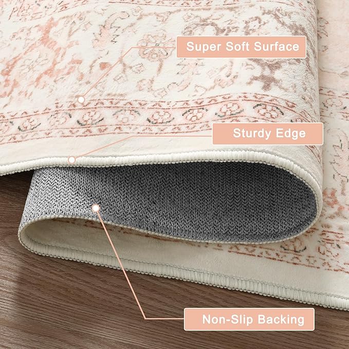 LIVEBOX Washable 9x12 Area Rug, Large Rugs for Living Room Boho Soft Non-Slip Rugs, Pink Low-Pile Vintage Medallion Rug, Retro Non-Shedding Indoor Carpet for Dining Room Bedroom Office