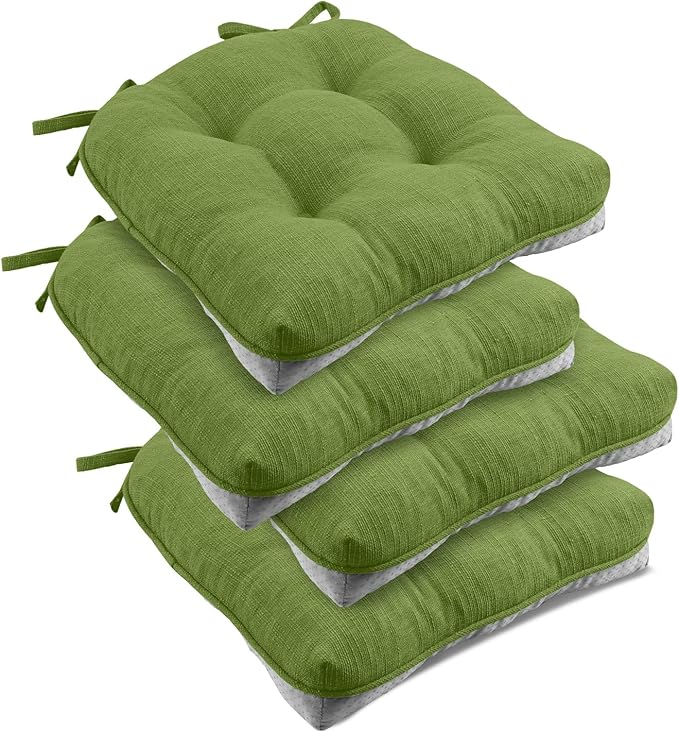 downluxe Indoor Chair Cushions for Dining Chairs, Tufted Overstuffed Textured Foam Kitchen Chair Pads with Ties and Non-Slip Backing, 15.5" x 15.5" x 4", Grass Green, 4 Pack
