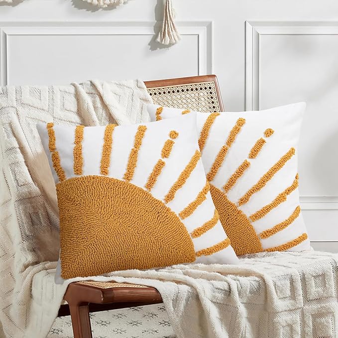 Adabana Boho Decorative Yellow Throw Pillow Covers 18x18, Tufted Sun Pillow Cover with Tassels Bohemian for Sofa Bedroom Living Room Home Decor (No Pillow Insert, 1Pc)