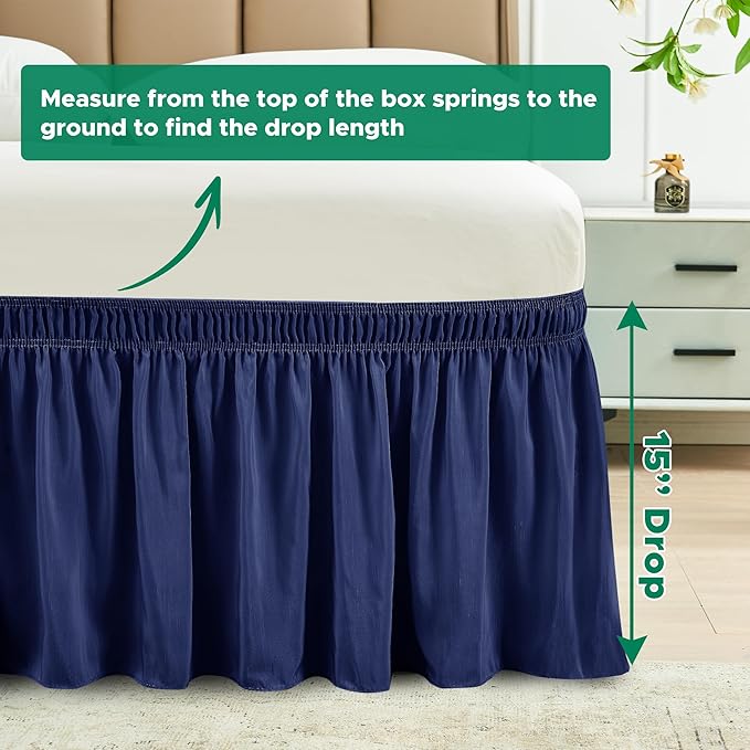 Biscaynebay Wrap Around Bed Skirts for Queen Beds 15" Drop, Navy Adjustable Elastic Dust Ruffles Easy Fit Wrinkle & Fade Resistant Silky Luxurious Fabric Machine Washable