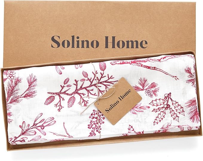 Solino Home 100% Pure Linen Christmas Table Runner 90 Inches Long - Red/White Table Runner 14 x 90 Inch - Handcrafted and Machine Washable - Winter Forest Print