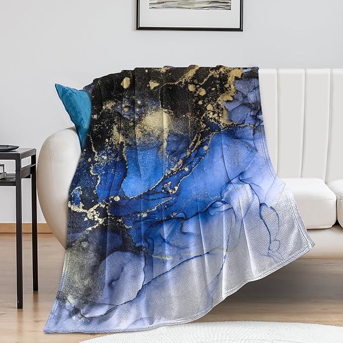 Modern Marble Blanket, Abstract Luxury Baroque Golden Dark Blue Stone Veins Pattern Soft Warm Cozy Plush Flannel Covers for Livingroom Bedroom Couch Chair Camping Travel Home Decor Tapestry 30x40in