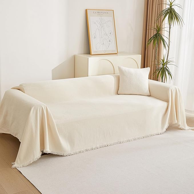 MYSKY HOME Loveseat Cover Beige Couch Cover Sectional Couch Covers for 2 Cushion Couch Sofa Thick Universal Chenille Sofa Cover with Tassel Durable Furniture Protector for Dogs 91" x 118"