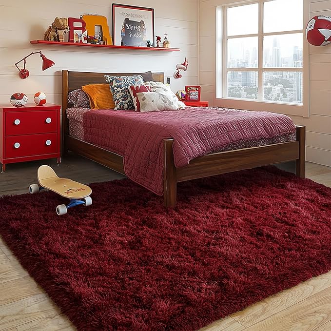 Burgundy Plush Rug for Living Room Fuzzy Carpet for Bedroom Dorm, Non-Slip High Pile Rug, Shag Rug for Playroom Nursery Home Office Decor 8X10 Ft
