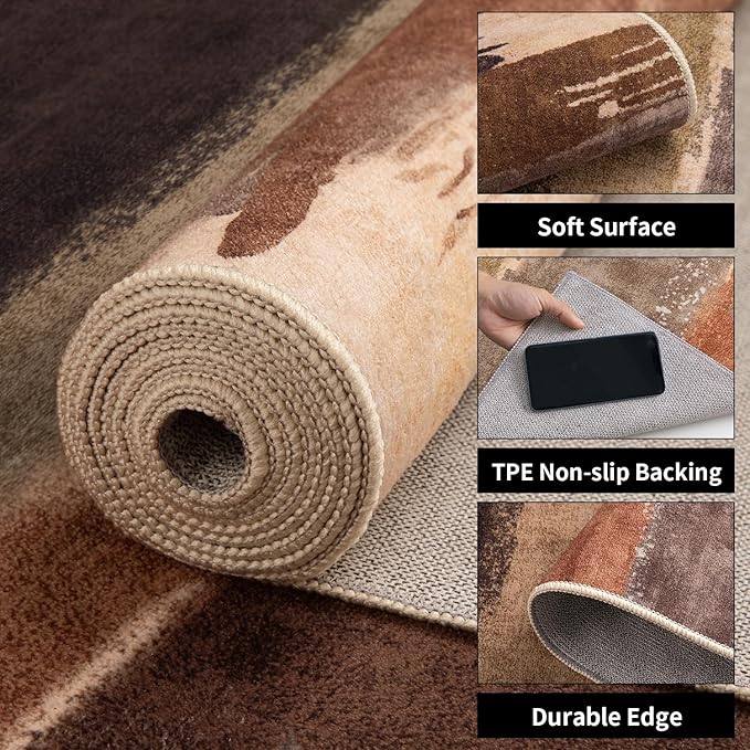 Ciicool 4ft Round Washable Rug, Modern Abstract Circle Rugs, Non-Slip Thin Lightweight Rug Brown Black Circular Print Distressed Carpet for Bedroom Living Room Under Dining Table Home Office Decor