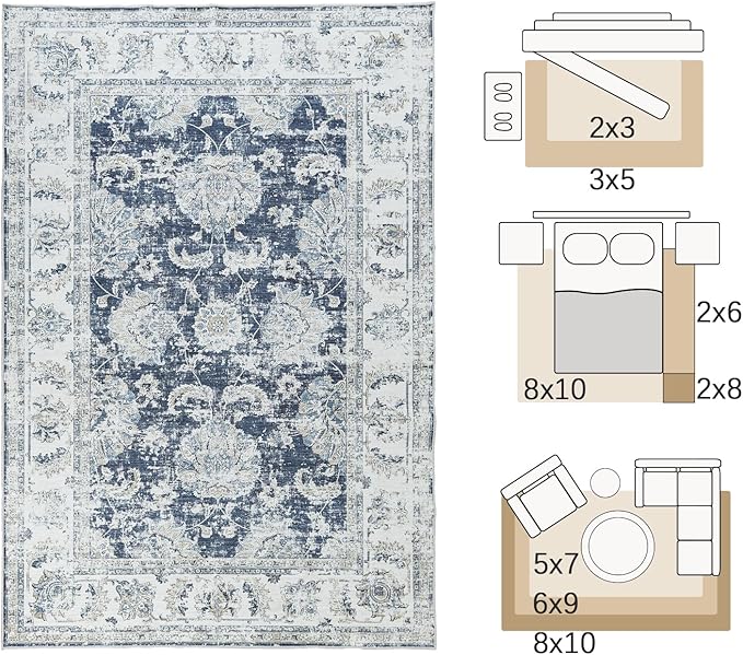 jinchan Fiora 10x12 Area Rugs for Living Room - Machine Washable Vintage Floral Distressed Design Stain Resistant Carpet Low Pile Non-Slip Large Rug for Bedroom Dining Room (10'x12', Dark Blue)