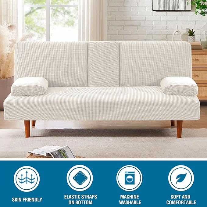 H.VERSAILTEX 4 Pieces Stretch Futon Covers Sofa Bed Slipcover with Removable Armrests and Cupholders Covers Furniture Protector High Spandex Small Checks Jacquard Fabric, Ivory