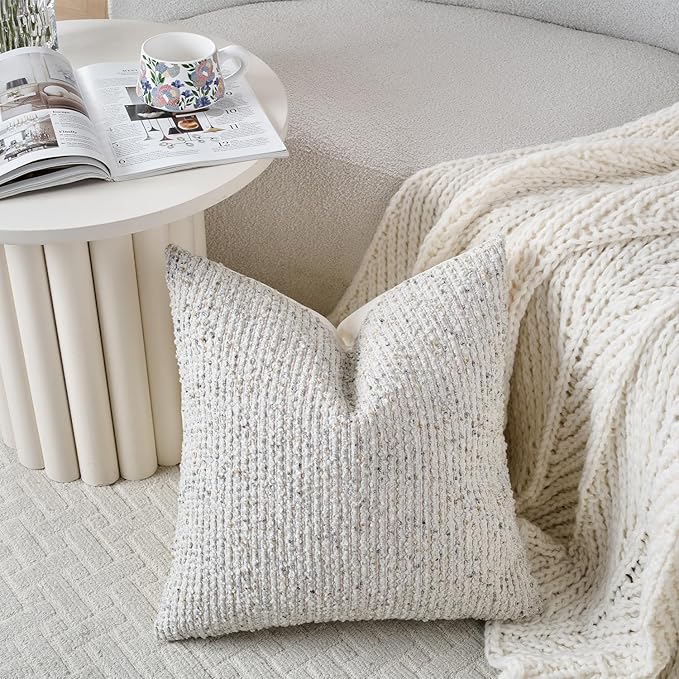 Striped Throw Pillow Covers 24x24 Set of 2 Cream Grey Textured Boucle Chic Morden Boho Accent Farmhouse Square Decorative Couch Pillow Covers for Home Decor Bed Sofa Living Room