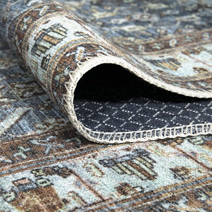 Bloom Rugs Washable Non-Slip 4' x 6' Rug - Blue/Beige Traditional Area Rug for Living Room, Bedroom, Dining Room, and Kitchen - Exact Size: 4' x 6'