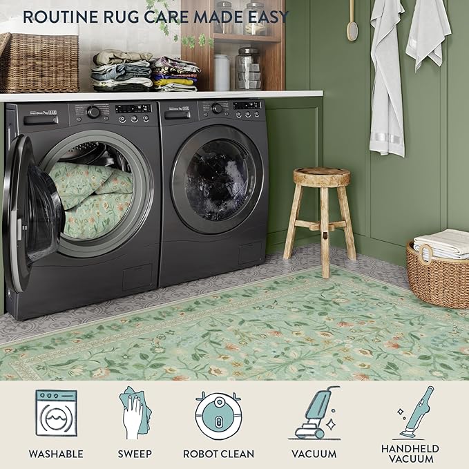 Lahome Floral Washable Area Rugs 8x10, Non-Slip Living Room Carpet Soft Tumble Washable Rugs for Bedroom Nursery, Vintage Botanical Print Carpet for Classroom Kids Room Dining Room, Sage