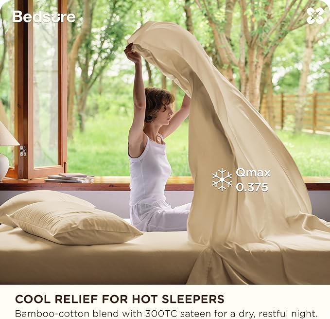 Bedsure Cooling Sheets, Rayon Derived from Bamboo & Cotton Blend, GentleSoft, Breathable, King Size Sheets Set, Deep Pocket Up to 18 Inches, Hotel Luxury Bedding for Hot Sleepers, Beige