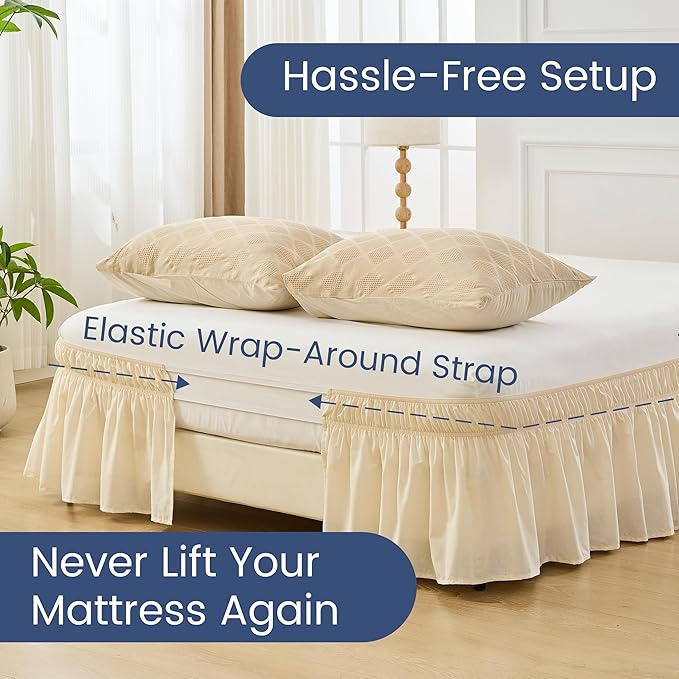 BISELINA Wrap Around Bed Skirts 17" Drop, Cotton Adjustable Elastic Dust Ruffles Easy Fit Wrinkle & Fade Resistant Soft Cozy Elegant Luxurious Bedding - Beige, Queen Size