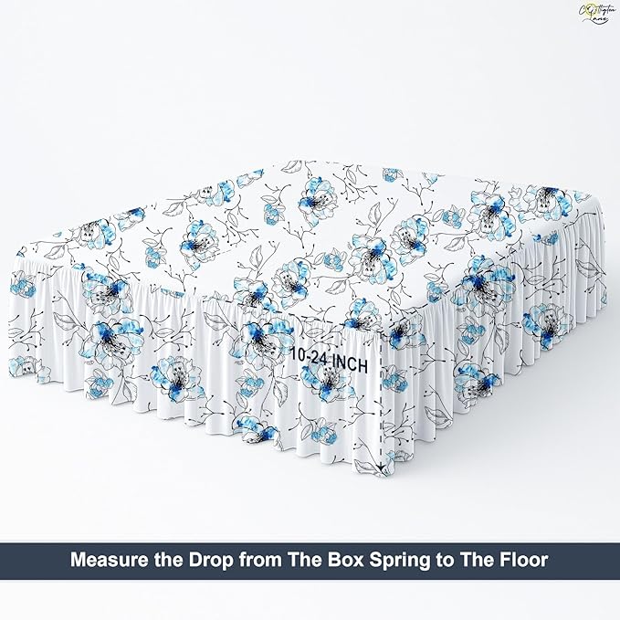 Cottington Lane Ruffled Bed Skirt Twin Size with Split Corner, Brushed Microfiber Hotel Quality Dust Ruffle, 24 Inch Drop Gathered Bedskirt, Soft, Stylish, Shrink & Fade Resistant, Blue Blossom
