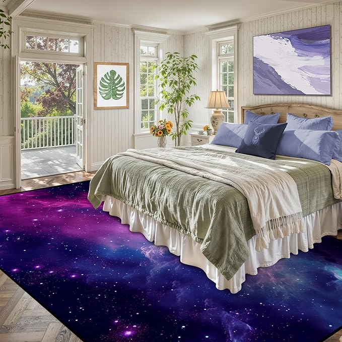 6' x 9' Purple Galaxy Rug Space Rugs Colorful Throw Rug Non-Slip Sun and Cloud Carpet Doormats for Living Room Bedroom Apartment Dorm Floor Mat