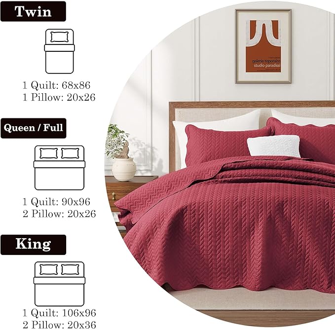 IR Imperial Rooms California King Quilt Bedding Set Size (118"x106") + 2 Pillow Shams (20" x 36"+ 2") - 3 Pcs All Season Reversible Microfiber Coverlet Embossed Quilt Bedspread (Burgundy)