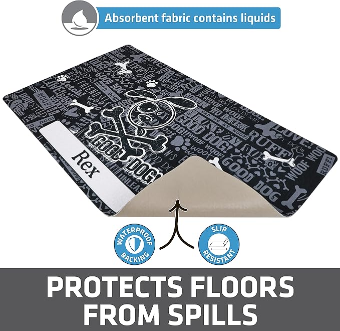 Drymate Personalized Pet Bowl Placemat, Custom Dog & Cat Food Feeding Mat - Absorbent Fabric, Waterproof Backing - Machine Washable/Durable (USA Made) (12" x 20") (Cross Bones - Black)