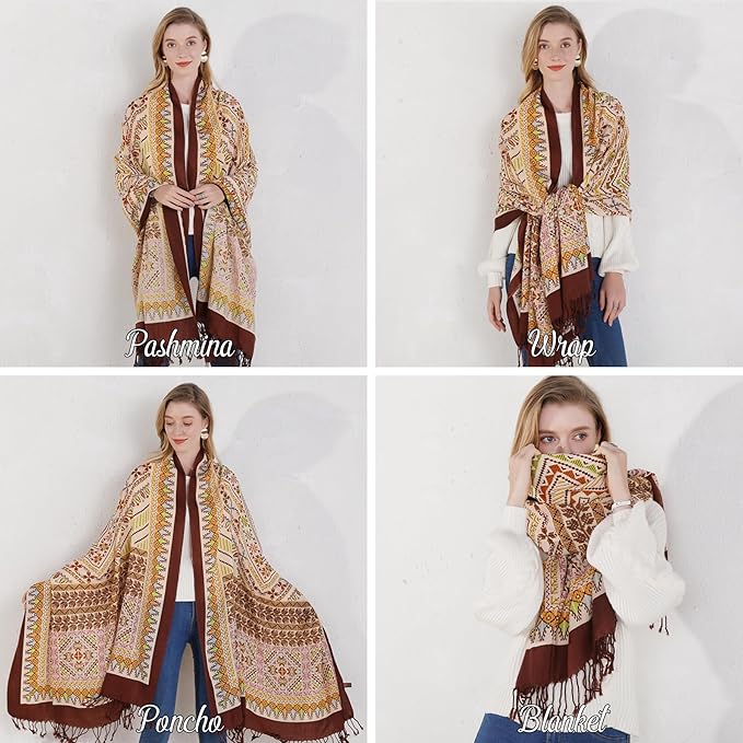DANA XU 100% Merino Wool Pashmina Shawl for Women 96"x43", Oversized Cashmere Wrap with Tassels, Floral Travel Blanket Cape