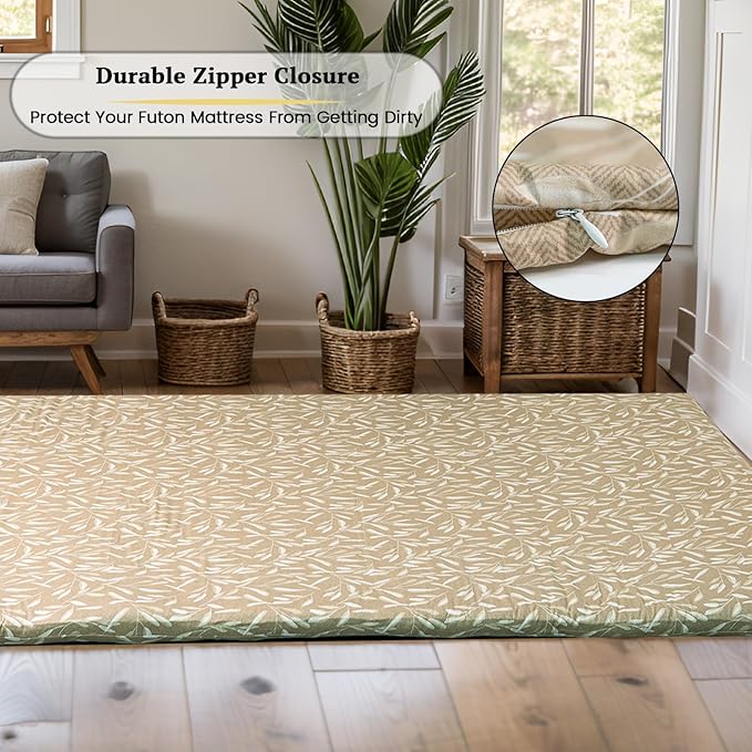 ZonLi Futon Mattress Cover Queen Size for Traditional Japanese Floor Futon Mattress with Zipper,Tatami Floor Sleeping Mat Cover,Super Soft and Machine Washable (64‘’x84‘’, Beige Leaves)