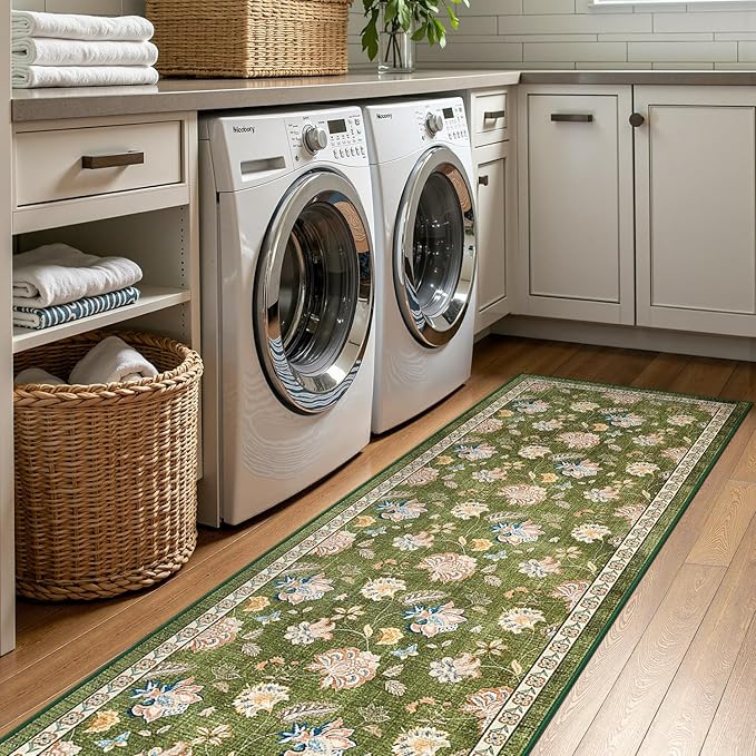 jinchan Elora 3x10 Floral Runner Rug for Hallway Washable Runner Vintage Romance Christmas Design Non Slip Thin Indoor Floor Cover Low-Profile Throw Carpet for Entryway Bathroom Bedroom Porch, Green