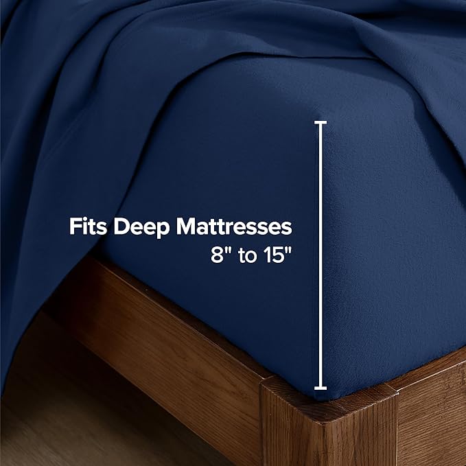 Bare Home Flannel Fitted Bottom Sheet 100% Cotton, Velvety Soft Heavyweight - Double Brushed Flannel - Deep Pocket (Twin, Dark Blue)