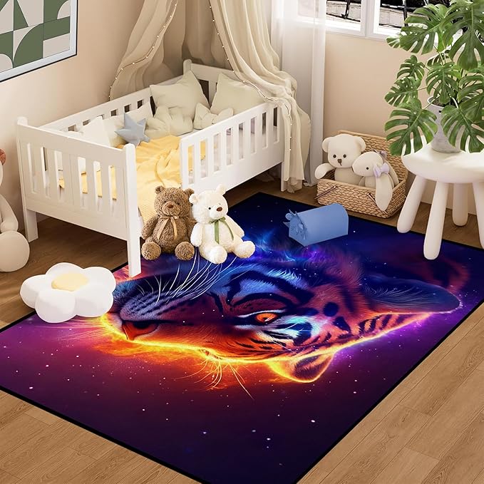 Galaxy Tiger Rug 3D Fierce Tigers Area Rugs for Bedroom Living Room Playroom Gameroom Boys Kids Fire Glitter Carpet Throw Rugs Floor Mat 59 in x 39 in