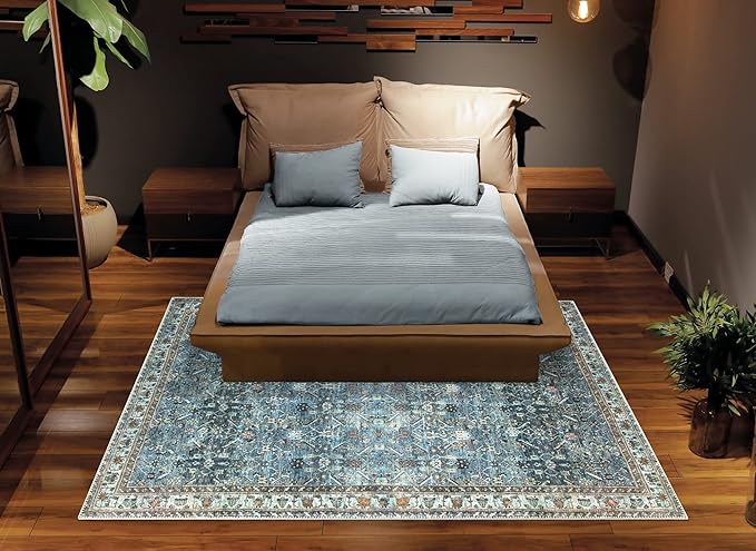 Bloom Rugs Washable Non-Slip 4' x 6' Rug - Blue/Beige Traditional Area Rug for Living Room, Bedroom, Dining Room, and Kitchen - Exact Size: 4' x 6'