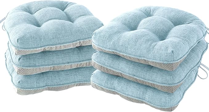 Chair Cushions for Dining Chairs Set of 6, Kitchen Chair Cushions, Chair Pads with Ties and Non Slip Backing, Tufted Memory Foam Seat Cushion 6 Pack, 15.5" x 15.5" x 4", Baby Blue