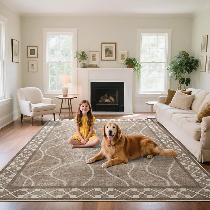 Washable Area Rugs 8x10, Non-Slip Rugs for Living Room Bedroom, Low Pile Large Soft Alfombras, Modern Bordered Home Floor Rugs for Kids Playroom Office Dining Room Farmhouse, Brown