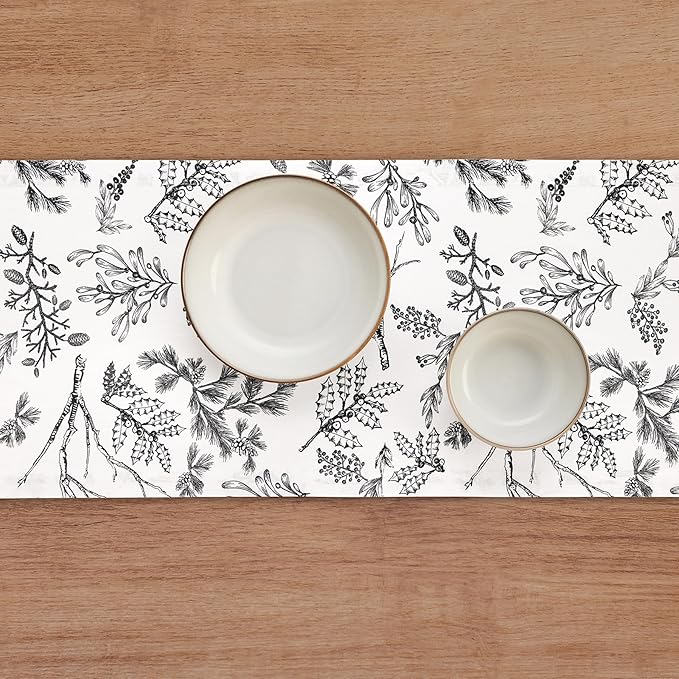 Solino Home 100% Pure Linen Christmas Table Runner 90 Inch Long - Black/White Table Runner 14 x 90 Inch - Handcrafted and Machine Washable - Winter Forest Print