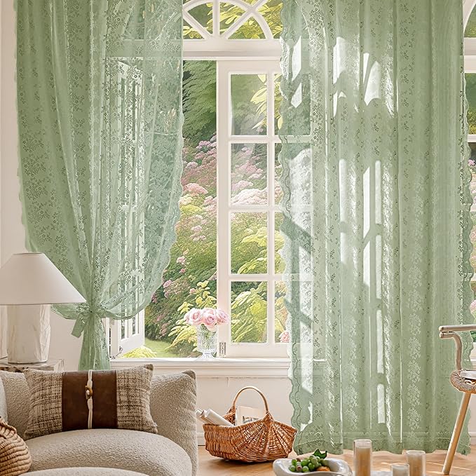 Anmao Vintage Sage Green Lace Curtains 54 Inches Long 2 Panels Sets, Romantic Light Filtering Semi Sheer Floral Thick Lacy Curtain Drapes for Living Room and Bedroom, Each Panel 55W x 54L, Sage Green