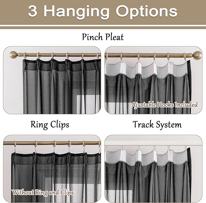 MAIHER 108 Inches Long Sheer Pleated Drapes 9FT Curtain Panels Voile Soft Touch Light Filtering Pinch Pleat Curtains with Ajustable Hooks for Bedroom Living Room, Black, 42" W x 108" L, 2 Panels