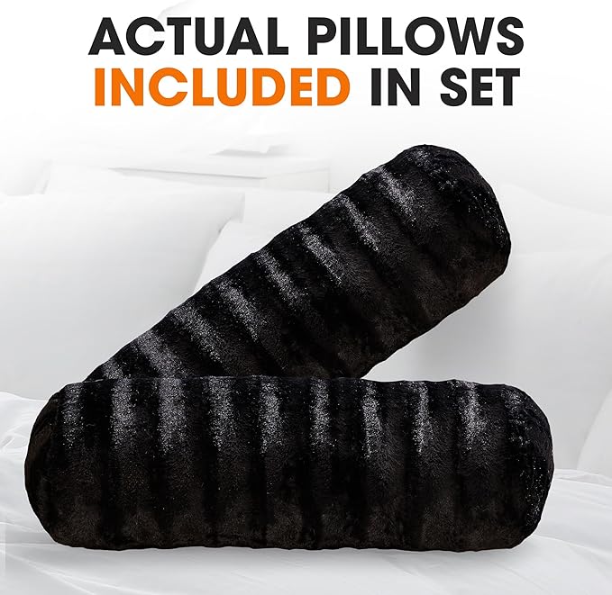 Cheer Collection Faux Fur Bolster Pillows – Soft Decorative Cylinder Pillows for Bed or Couch, Machine Washable – 8” x 24”, Set of 2, Black