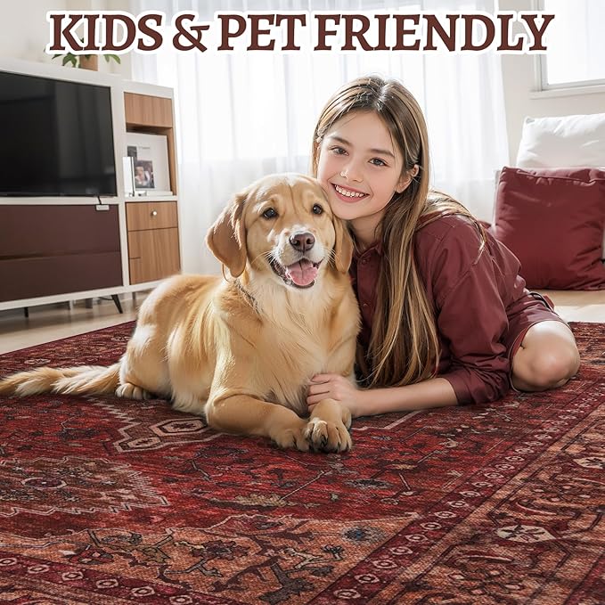 Tangsoo 3x5 Washable Rugs Oriental Area Rug, Vintage Non Slip Indoor Accent Rug, Print Distressed Dark Red Carpet, Soft Low Pile Rug for Living Room Dining Bedroom Bedside Entryway