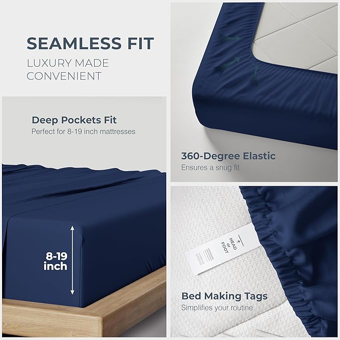 THREAD SPREAD 100% Egyptian Cotton Sheets Queen Size - 1500 Thread Count 4 PC Queen Sheet Set Egyptian Cotton, Sateen Luxury Sheets Queen Size, High Thread Count Sheets, 17" Deep Pocket - Navy Blue