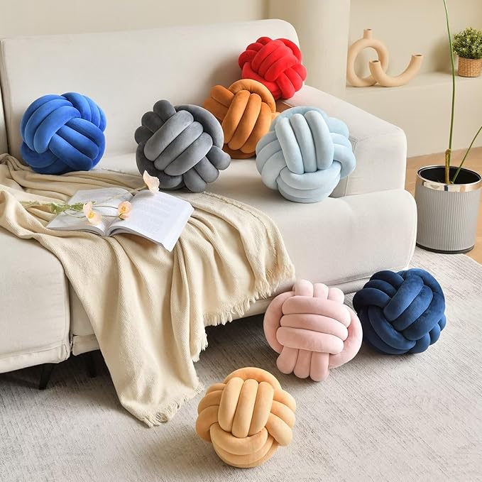 Decorative Throw Knot Pillow Ball for Home Chair Sofa Couch Bed Aesthetic Round Velvet Knotted Pillow Cushion (Ice Blue, 11 inches)