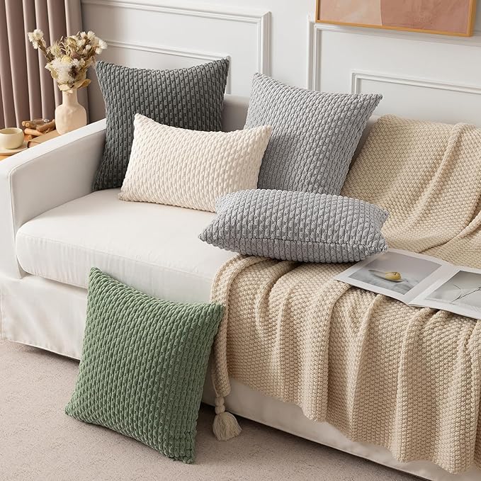 Kevin Textile 12x24 Inch Pillow Cover 1 Pack Boho Decorative Soft Striped Corduroy Lumbar Farmhouse Solid Color Accent Rectangle Cushion Case for Living Room Couch Sofa Bed, Cream White