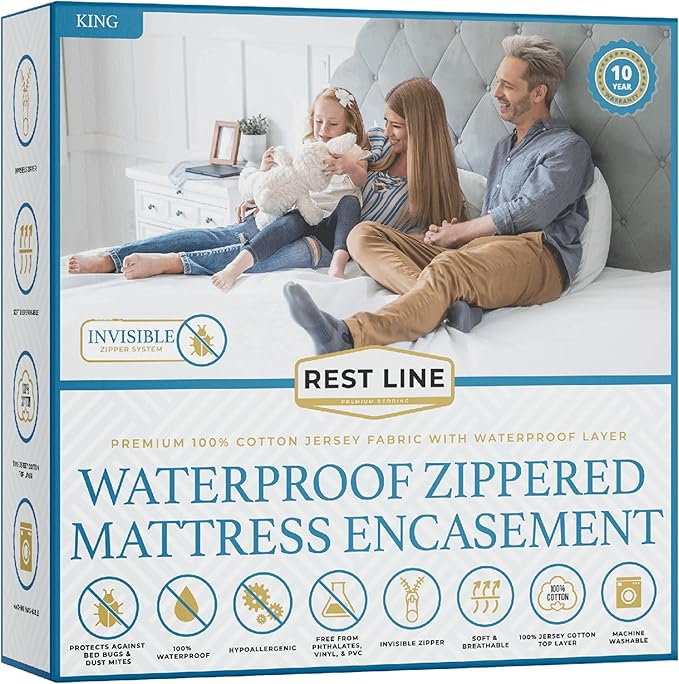 King Size 78x80” Premium Waterproof Zippered Mattress Encasement, 100% Cotton, Hypoallergenic, Six Sided Mattress Cover, Invisible Zippered, Soft Breathable up to 15" Deep - Rest Line