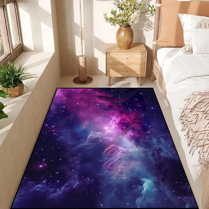Purple Galaxy Rug Space Rugs Colorful Throw Rug Non-Slip Sun and Cloud Carpet Doormats for Living Room Bedroom Apartment Dorm Floor Mat 71 in x 47 in