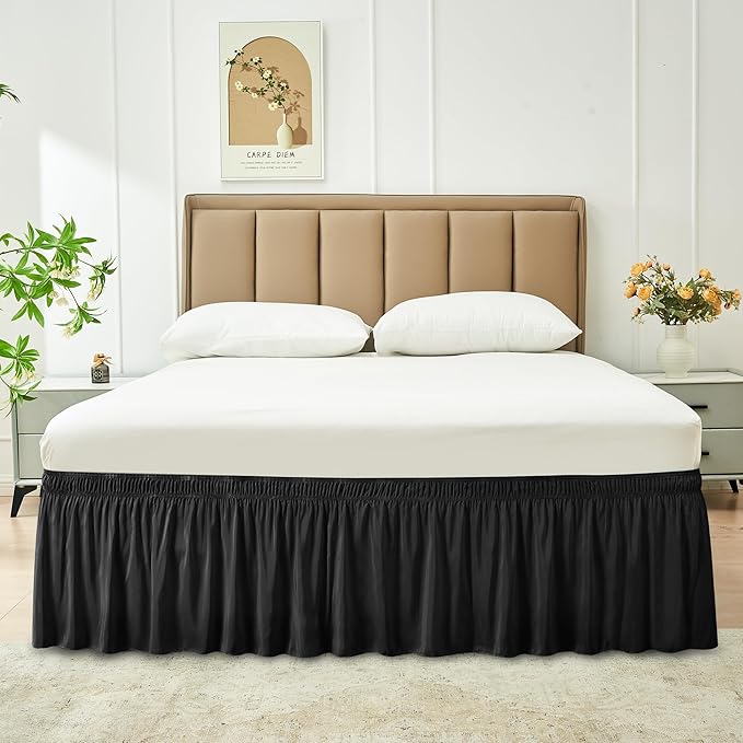 Biscaynebay Wrap Around Bed Skirts for Full & Full XL Beds 22" Long Drop, Black Adjustable Elastic Dust Ruffles Easy Fit Wrinkle Resistant Silky Luxurious Fabric Machine Washable