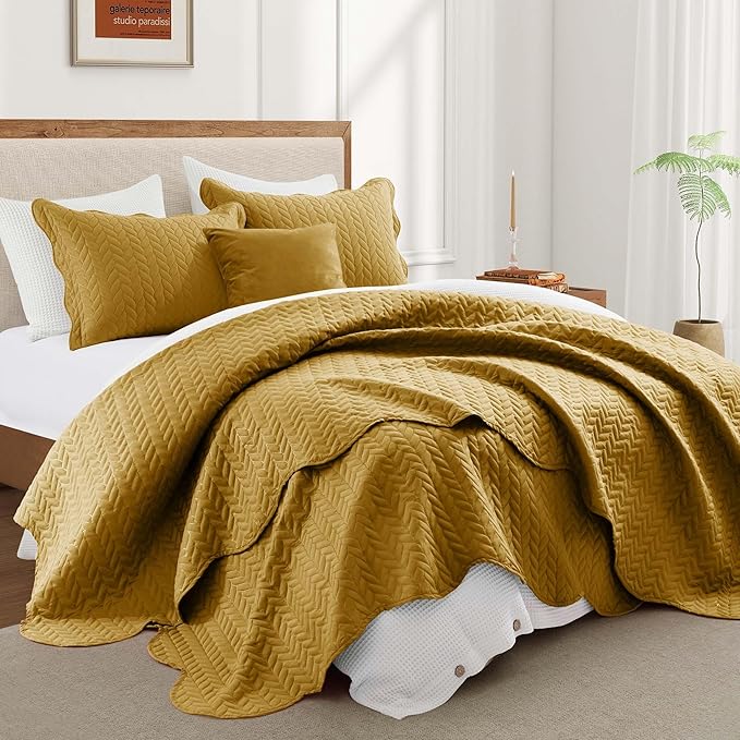 IR Imperial Rooms California King Quilt Bedding Set Size (118"x106") + 2 Pillow Shams (20" x 36"+ 2") - 3 Pcs All Season Reversible Microfiber Coverlet Embossed Quilt Bedspread (Ochre)