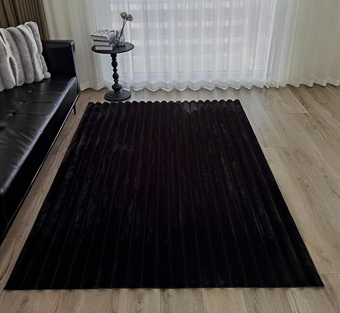 GLORY RUGS Area Rugs Striped Soft Faux Rabbit Fur Rug 8x10 Becky Black Plush Carpet Shag Cozy Fluffy Rug Non Slip Rugs, Machine Washable Shaggy Area Rug Bedroom Living Room and Dining Room.