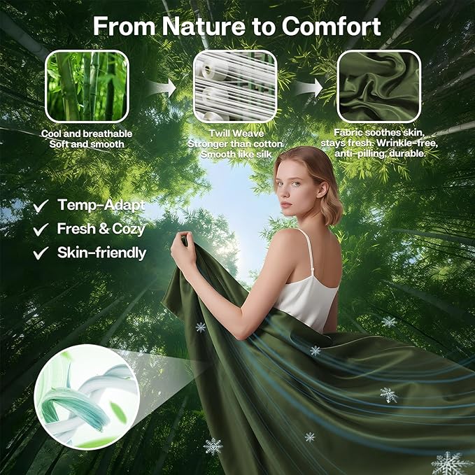 MR&HM Queen Fitted Sheet Only, Ultra-Soft Rayon Derived from Bamboo & Polyester Blend, Silky & Breathable, 15" Deep Pocket with Elastic Straps, Cooling Fitted Sheet for Hot Sleepers, Olive Green