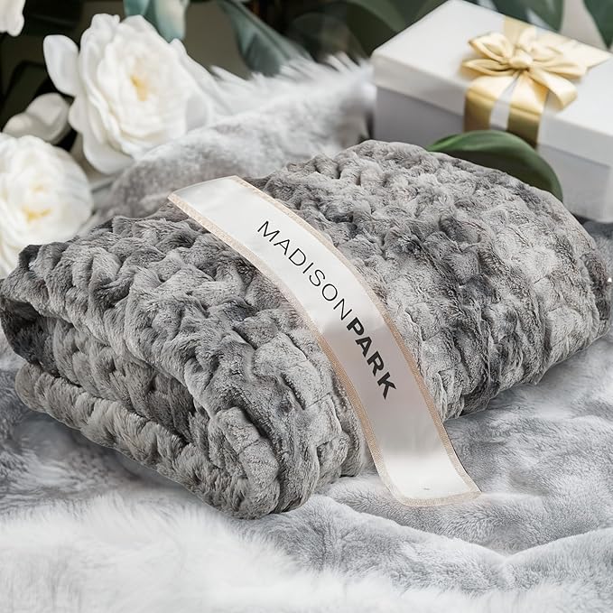 Madison Park Faux Fur Throw, Luxurious Ruched Texture, Fuzzy Warm, Plush Mink-Like Reverse, All Season, Lightweight & Cozy Blanket-Throw for Sofa, Couch, Living Room & Office 50" x 60" Gray Tie Dye